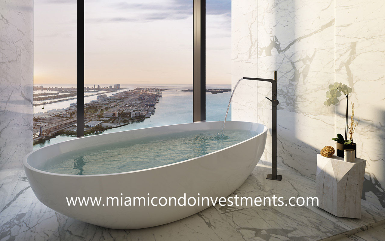 Waldorf Astoria Miami master bath with standalone bath tub